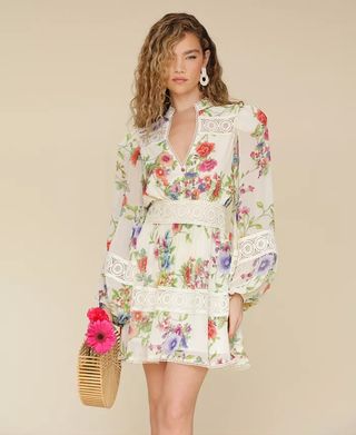 Avec Les Filles, Women's Floral-Print Lace-Trim Chiffon Dress