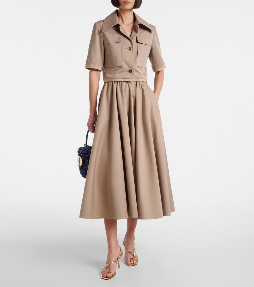 Gathered Cotton Gabardine Midi Skirt