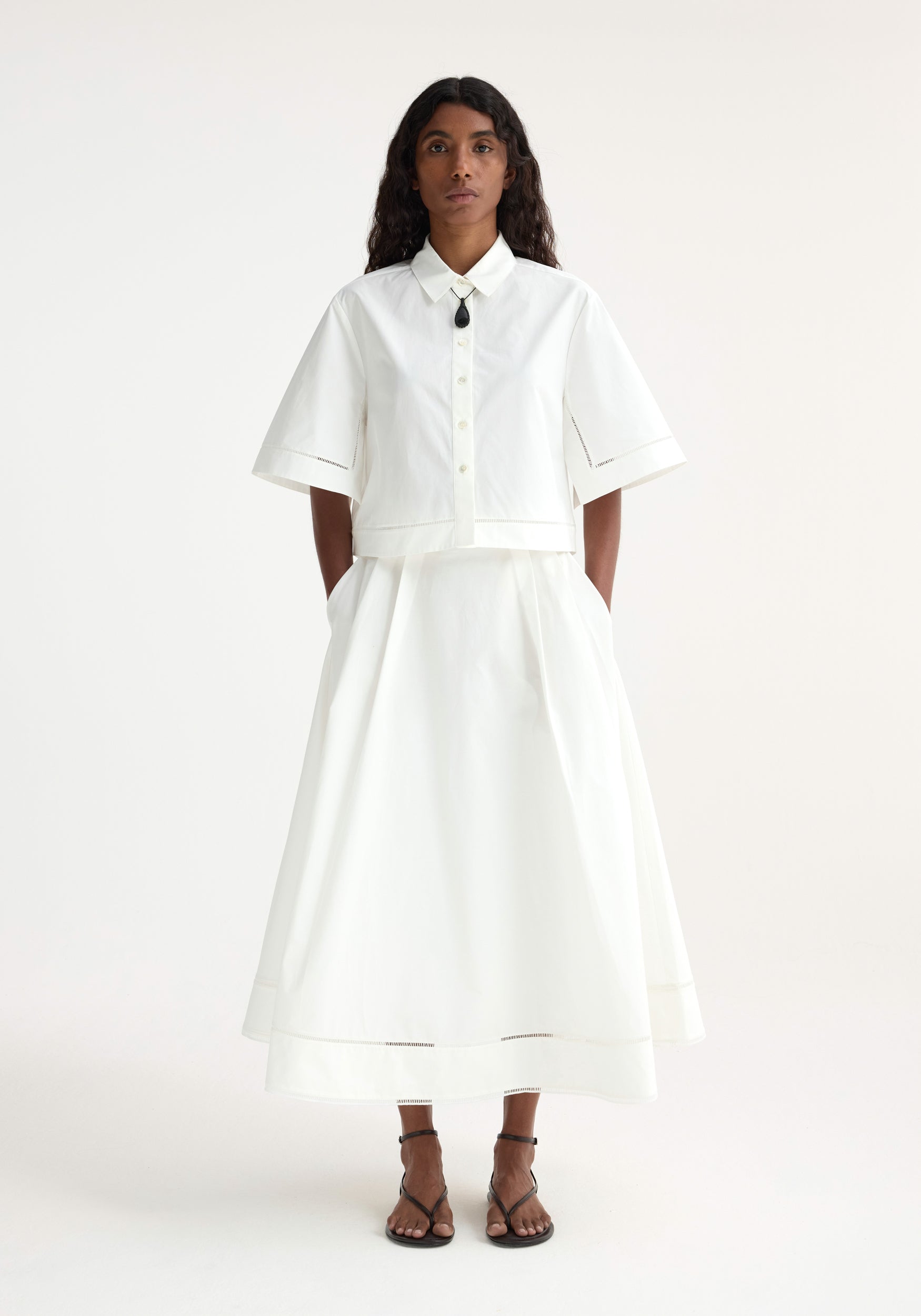 Ladder Embroidered Poplin Skirt | Optic White
